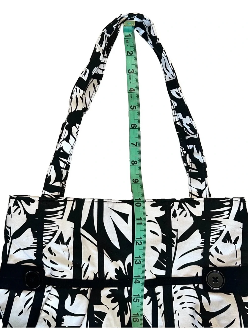 Woman Within Tropical Floral 100% Cotton Tote Black/White Button/Pleated Detail